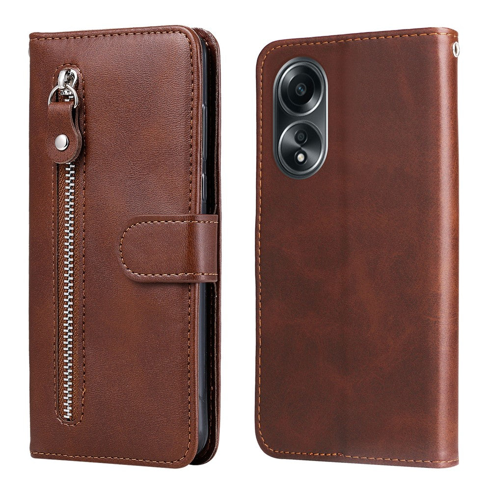 For Oppo A58 4G Slim-Fit Case Calf Texture Shockproof Phone Shell Zipper Pocket Wallet Stand Smartphone Cover