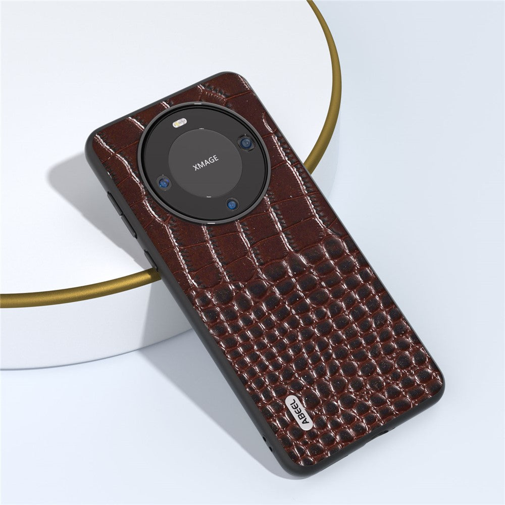 ABEEL For Huawei Mate 60 Crocodile Texture Phone Cover Genuine Cow Leather Coated PC+TPU Hybrid Case