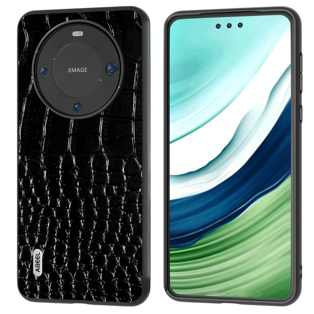 ABEEL For Huawei Mate 60 Crocodile Texture Phone Cover Genuine Cow Leather Coated PC+TPU Hybrid Case