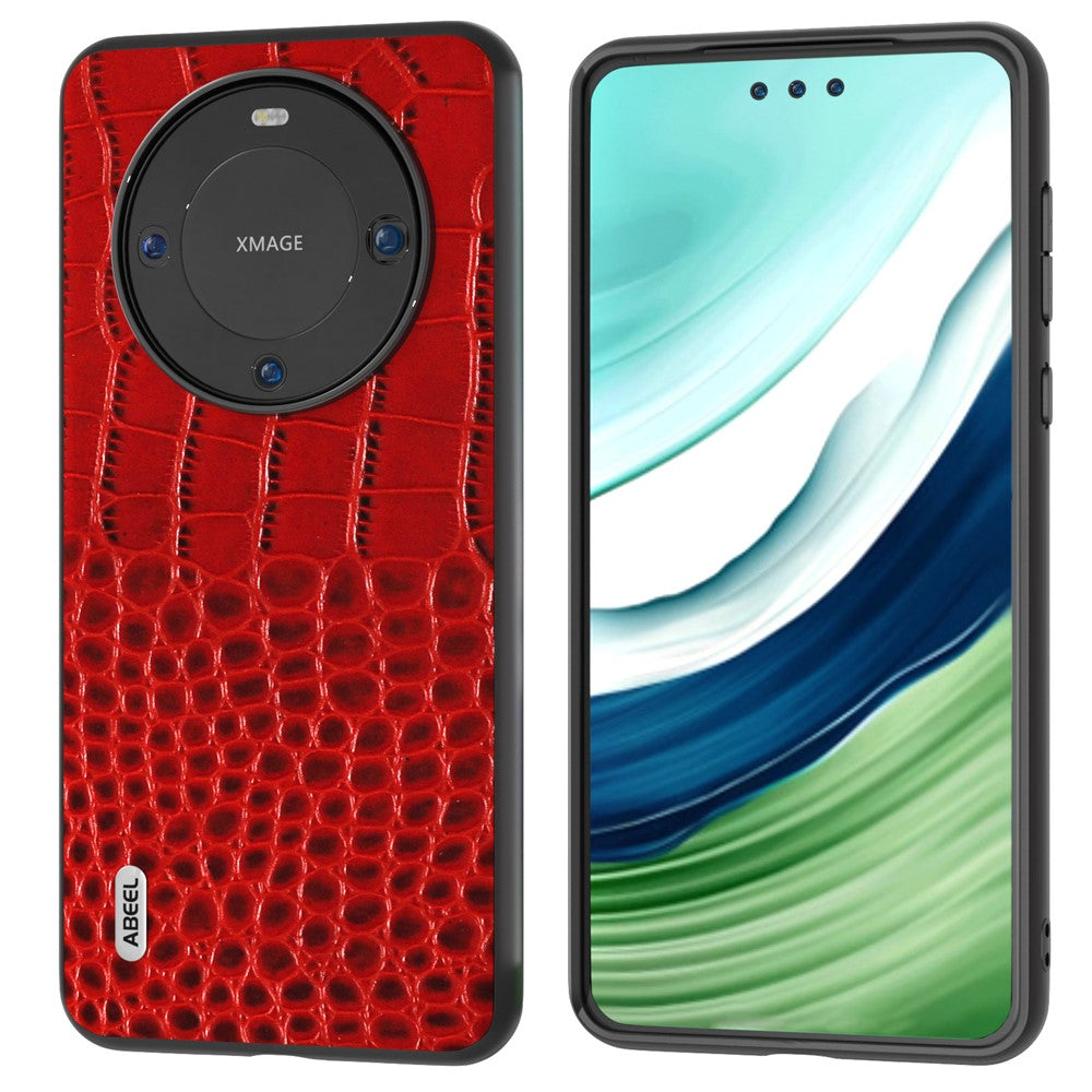 ABEEL For Huawei Mate 60 Crocodile Texture Phone Cover Genuine Cow Leather Coated PC+TPU Hybrid Case