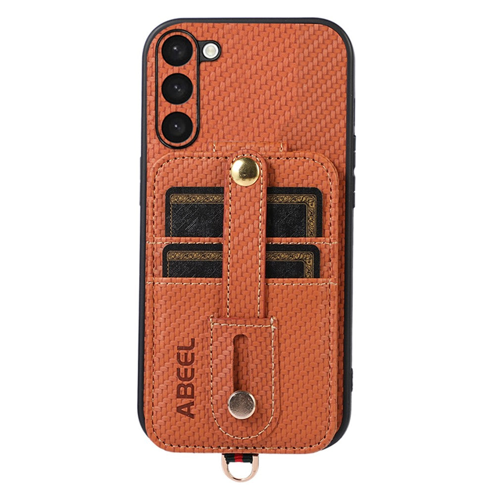 ABEEL Style 02 Carbon Fiber Texture PU+TPU Telefoncover til Samsung Galaxy S23 RFID-blokerende kortholder med støttefod