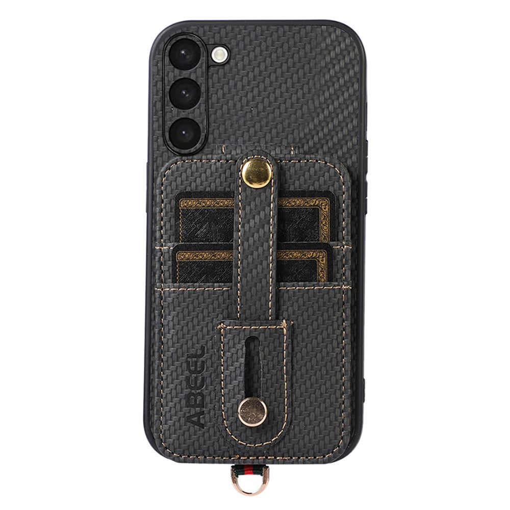 ABEEL Style 02 Carbon Fiber Texture PU+TPU Telefoncover til Samsung Galaxy S23 RFID-blokerende kortholder med støttefod