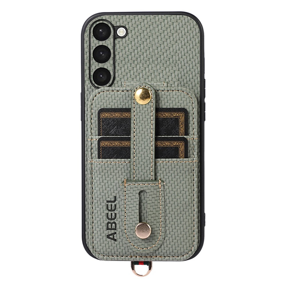 ABEEL Style 02 Carbon Fiber Texture PU+TPU Telefoncover til Samsung Galaxy S23 RFID-blokerende kortholder med støttefod