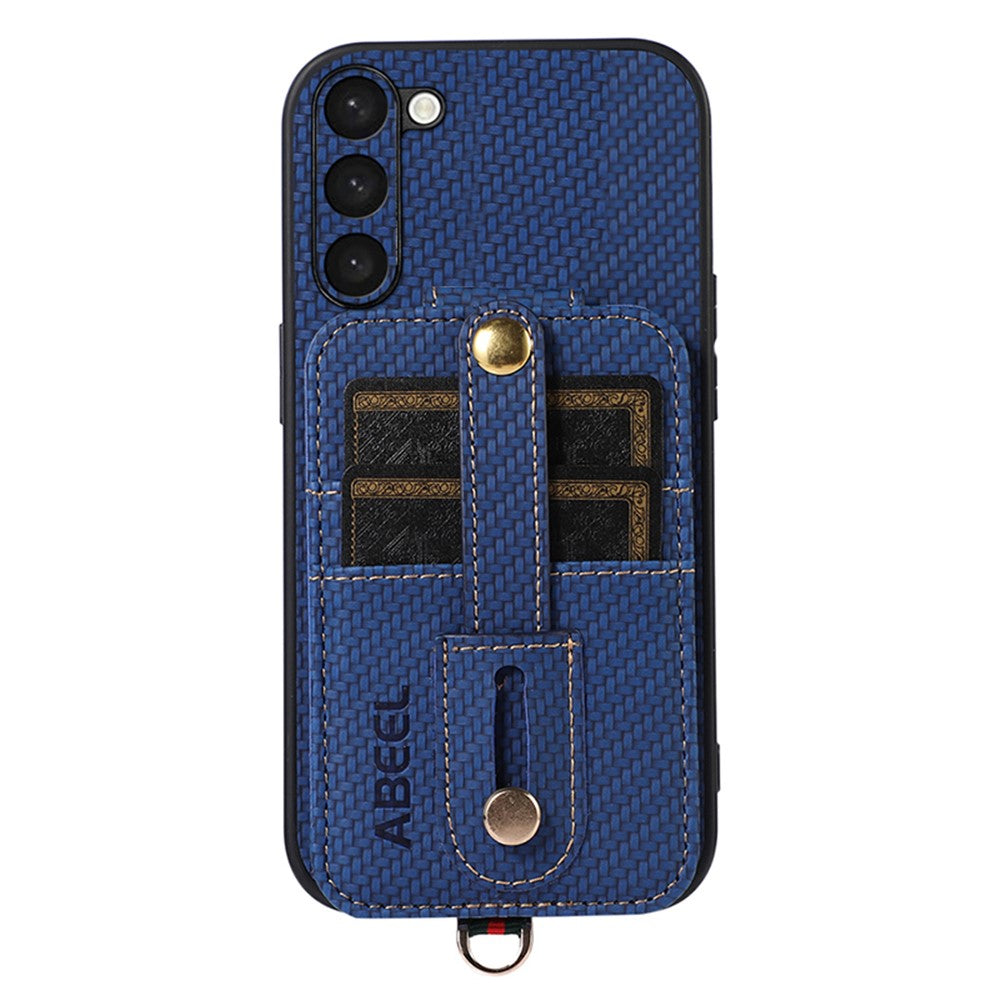ABEEL Style 02 Carbon Fiber Texture PU+TPU Telefoncover til Samsung Galaxy S23 RFID-blokerende kortholder med støttefod