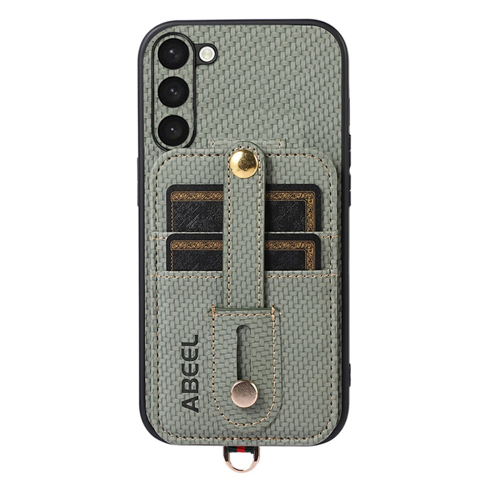 ABEEL Style 02 kortholder cover til Samsung Galaxy S23+ med RFID-blokering og kulfibertekstur PU+TPU Kickstand Cover