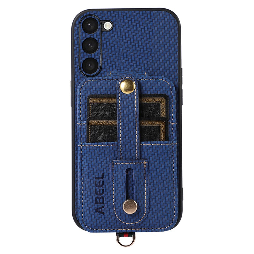 ABEEL Style 02 kortholder cover til Samsung Galaxy S23+ med RFID-blokering og kulfibertekstur PU+TPU Kickstand Cover