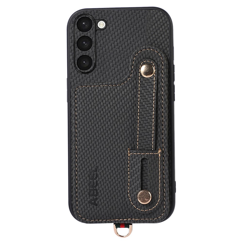ABEEL Style 03 Til Samsung Galaxy S23 Karbonfiber-tekstur PU+TPU Telefoncover RFID-blokerende Kortlomme Støttefods-etui