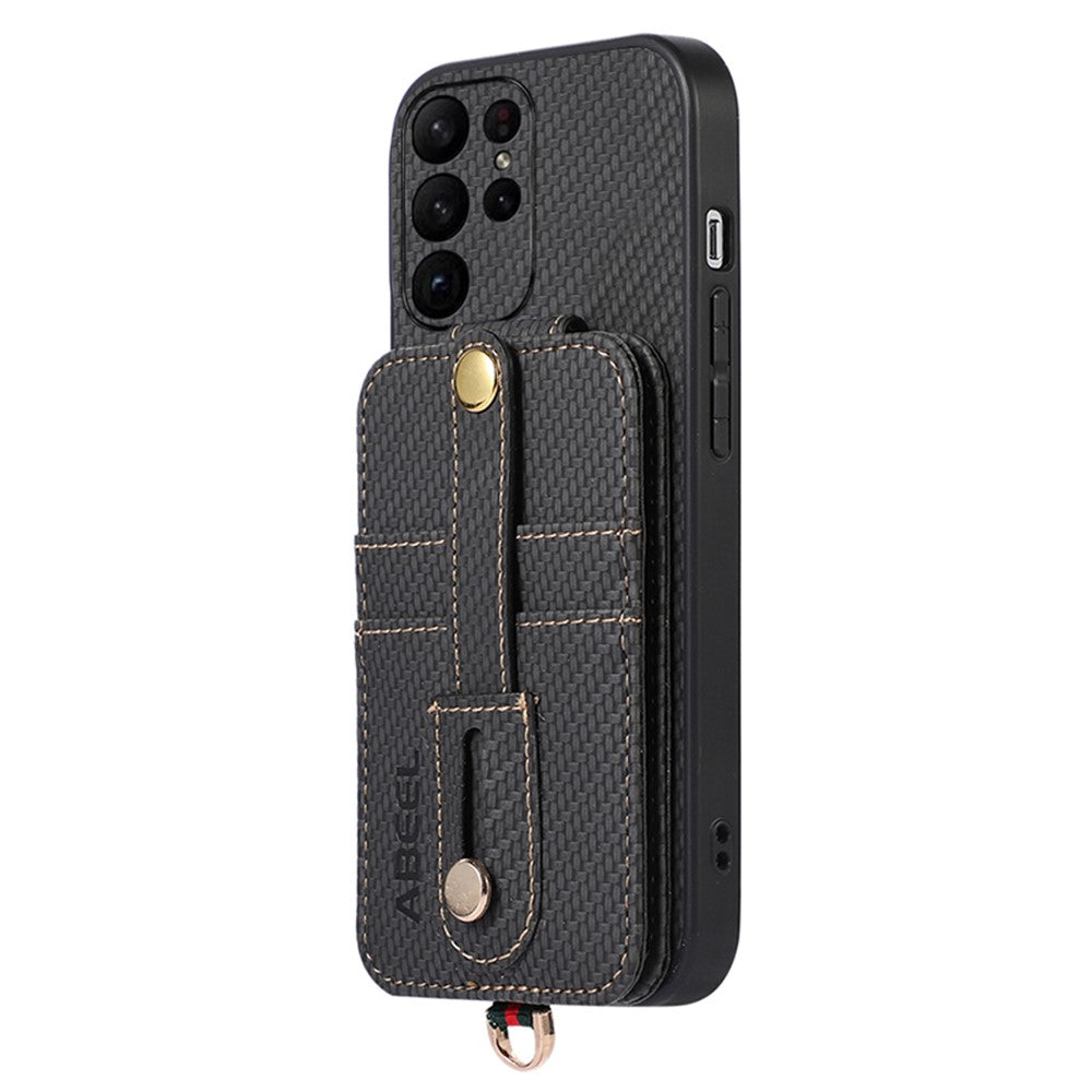 ABEEL Style 02-stativskal til Samsung Galaxy S23 Ultra med RFID-blokerende kortplads, PU+TPU-mobilskal med kulfiberstruktur