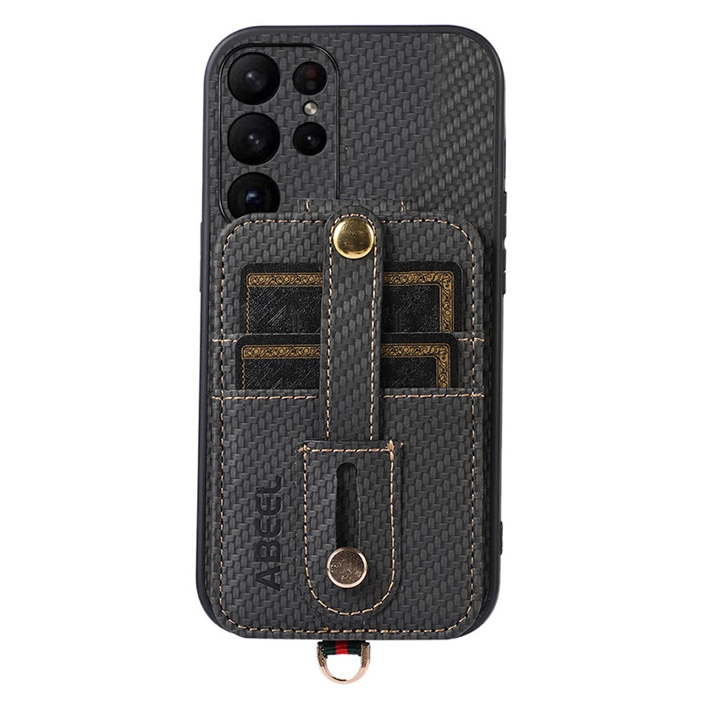 ABEEL Style 02-stativskal til Samsung Galaxy S23 Ultra med RFID-blokerende kortplads, PU+TPU-mobilskal med kulfiberstruktur