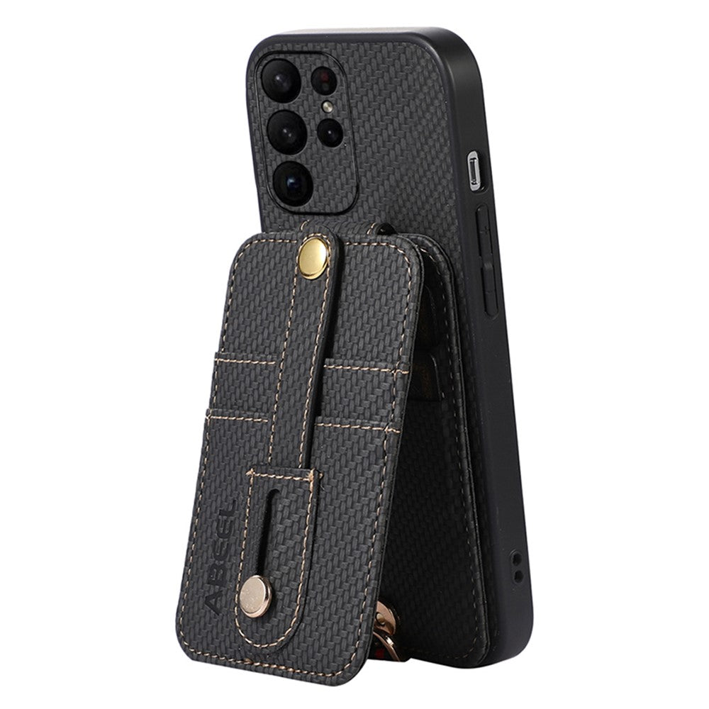 ABEEL Style 02-stativskal til Samsung Galaxy S23 Ultra med RFID-blokerende kortplads, PU+TPU-mobilskal med kulfiberstruktur