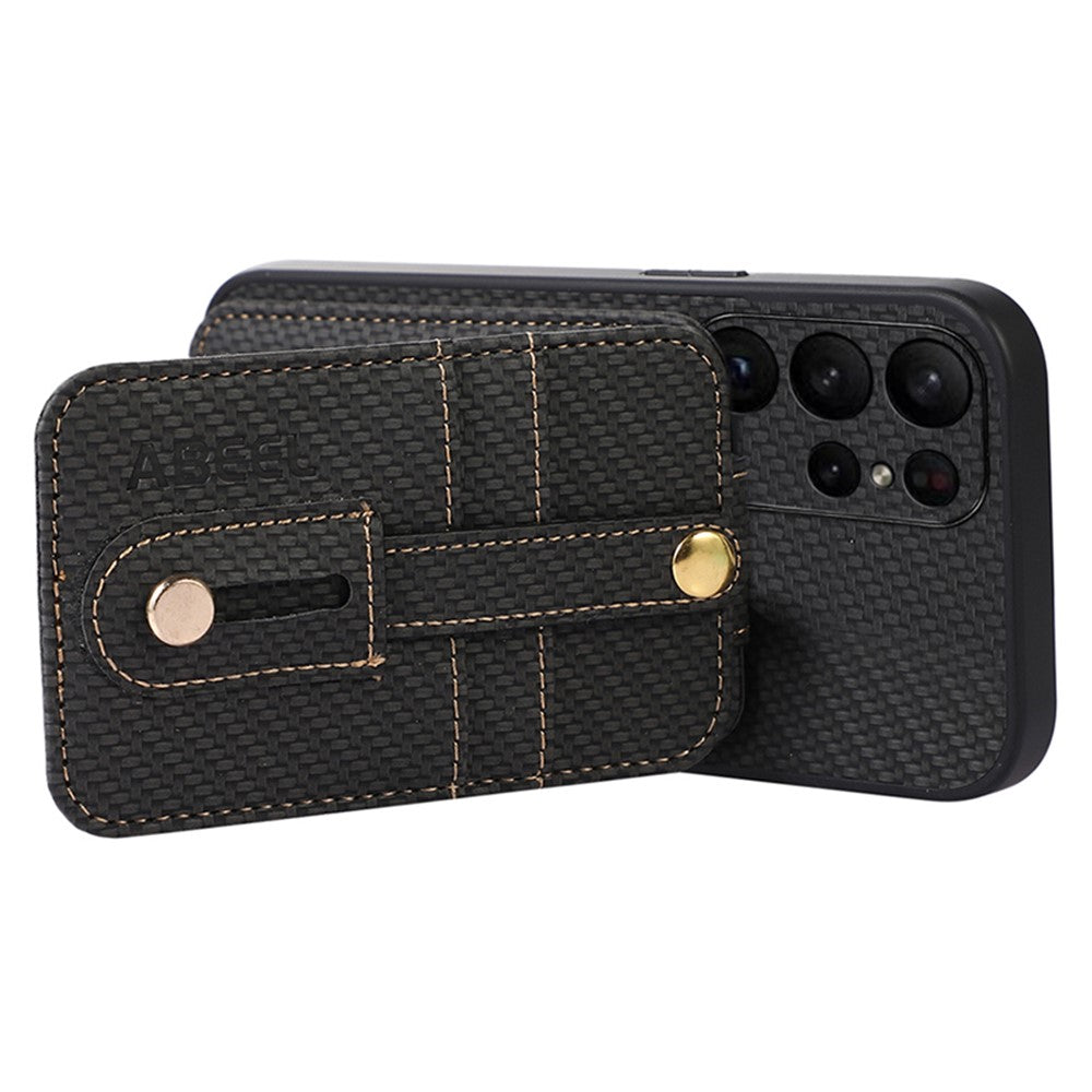 ABEEL Style 02-stativskal til Samsung Galaxy S23 Ultra med RFID-blokerende kortplads, PU+TPU-mobilskal med kulfiberstruktur