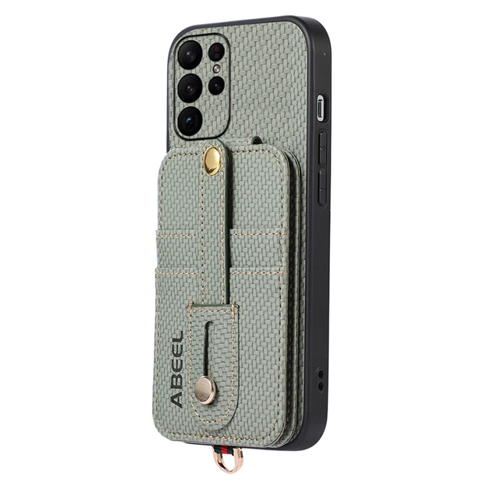ABEEL Style 02-stativskal til Samsung Galaxy S23 Ultra med RFID-blokerende kortplads, PU+TPU-mobilskal med kulfiberstruktur