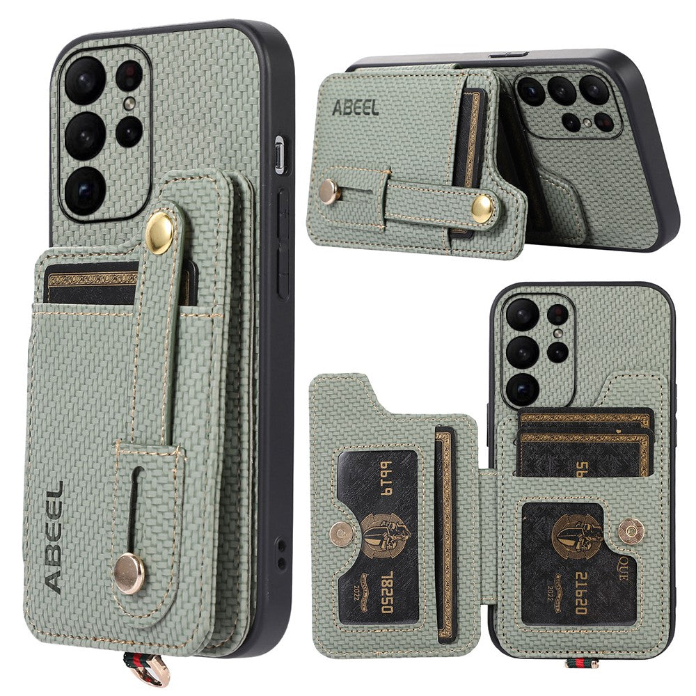 ABEEL Style 01 Horizontal Kickstand Phone Cover for Samsung Galaxy S23 Ultra RFID Blocking Anti-Drop Carbon Fiber Texture PU+TPU Case