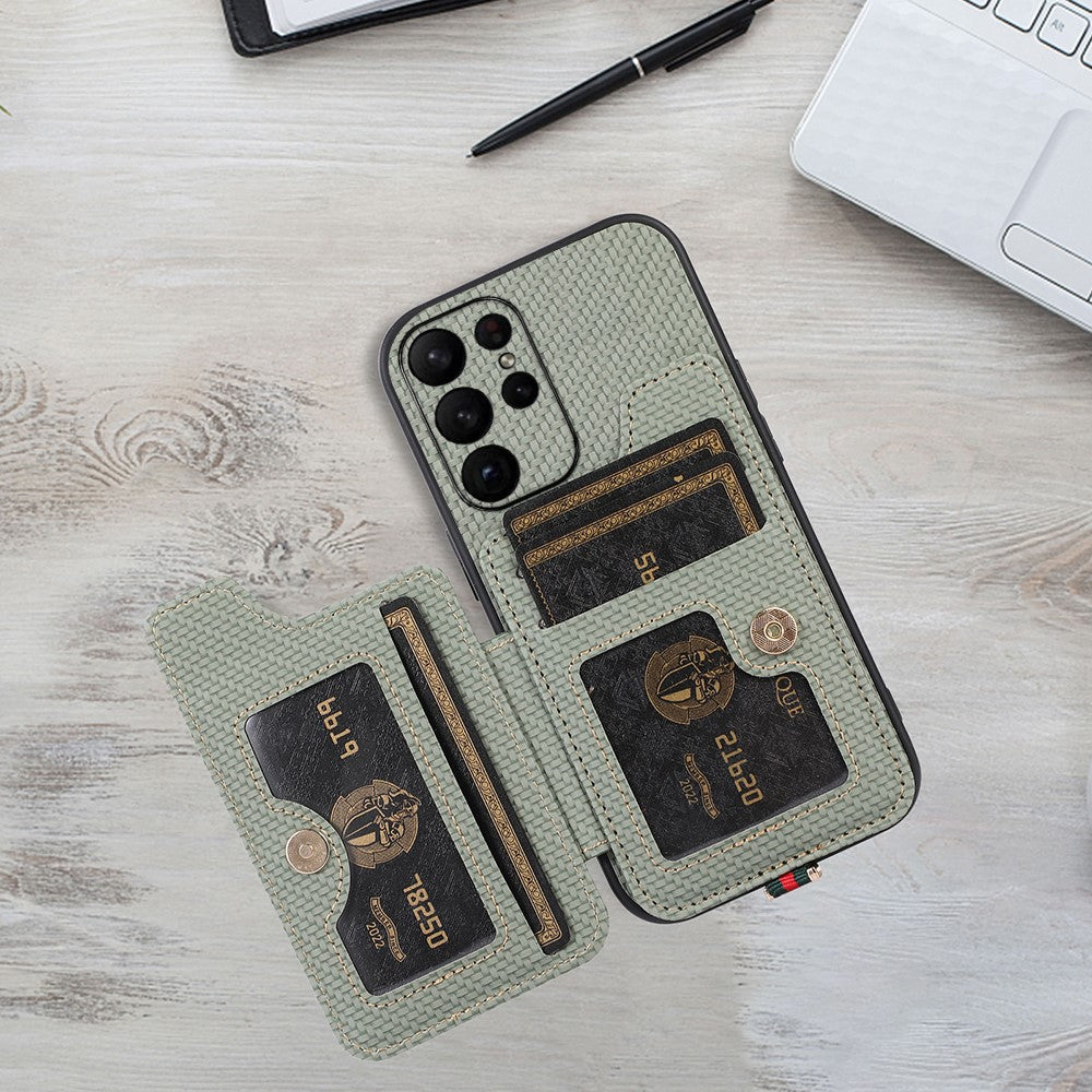 ABEEL Style 01 Horizontal Kickstand Phone Cover for Samsung Galaxy S23 Ultra RFID Blocking Anti-Drop Carbon Fiber Texture PU+TPU Case