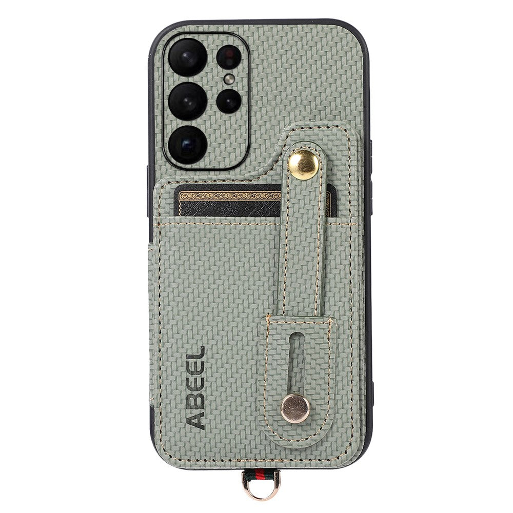 ABEEL Style 01 Horizontal Kickstand Phone Cover for Samsung Galaxy S23 Ultra RFID Blocking Anti-Drop Carbon Fiber Texture PU+TPU Case
