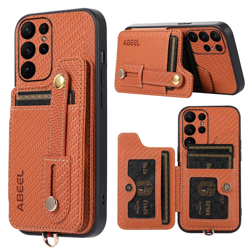 ABEEL Style 01 Horizontal Kickstand Phone Cover for Samsung Galaxy S23 Ultra RFID Blocking Anti-Drop Carbon Fiber Texture PU+TPU Case