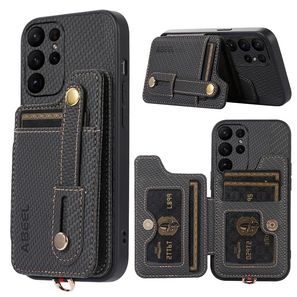 ABEEL Style 01 Horizontal Kickstand Phone Cover for Samsung Galaxy S23 Ultra RFID Blocking Anti-Drop Carbon Fiber Texture PU+TPU Case