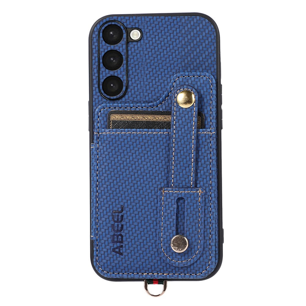 ABEEL Style 01 RFID-blokerende stødsikkert etui til Samsung Galaxy S23 Stander Kulfibertekstur PU+TPU Telefoncover