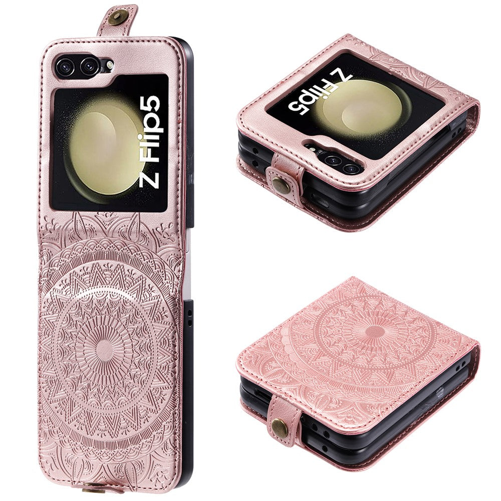 Til Samsung Galaxy Z Flip5 5G Pung-etui i PU-læder med kortholder, præget med mandala-blomst, foldbart cover