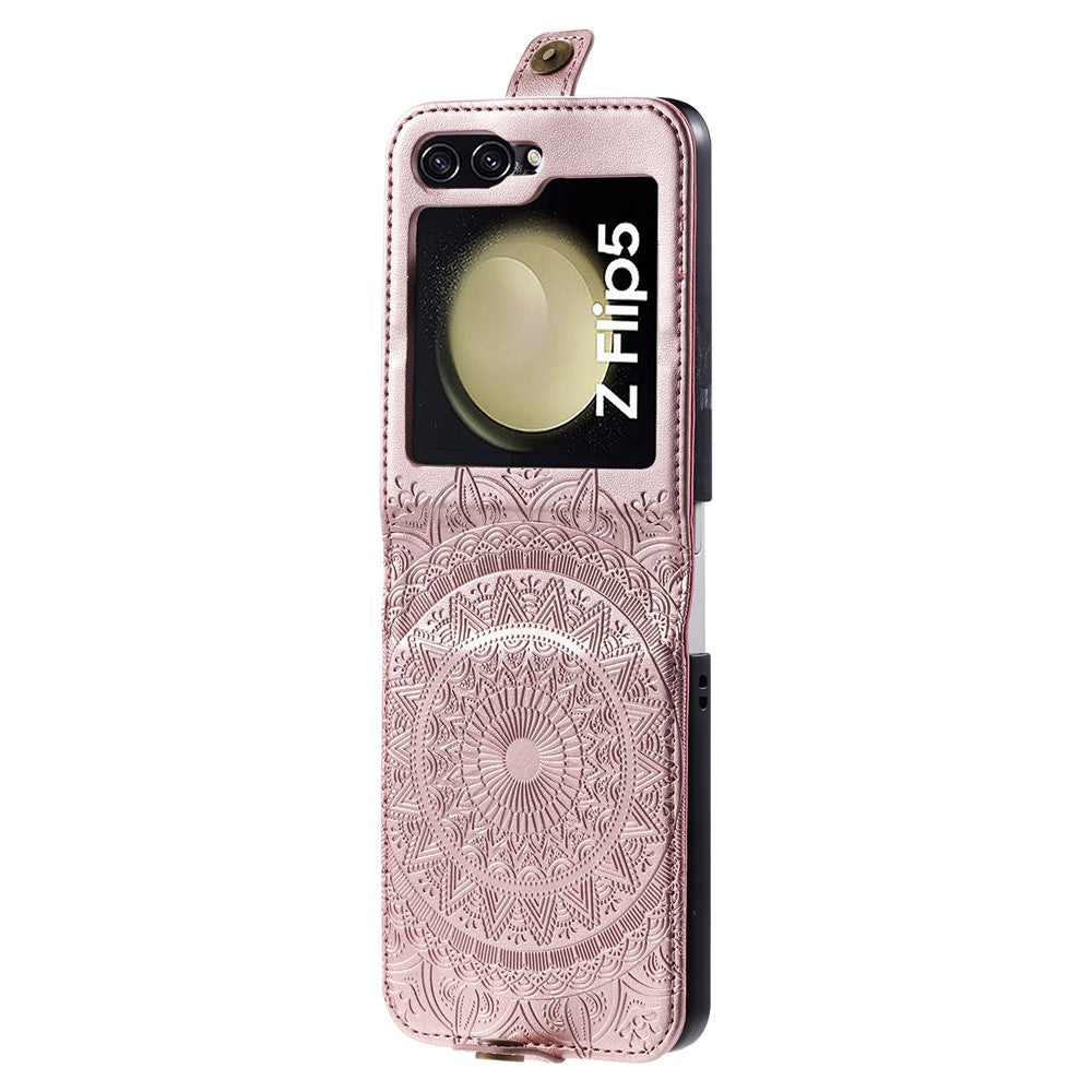 Til Samsung Galaxy Z Flip5 5G Pung-etui i PU-læder med kortholder, præget med mandala-blomst, foldbart cover