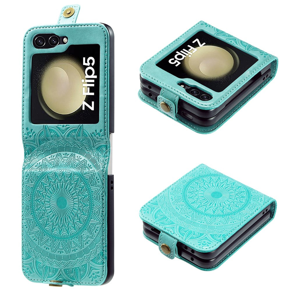 Til Samsung Galaxy Z Flip5 5G Pung-etui i PU-læder med kortholder, præget med mandala-blomst, foldbart cover