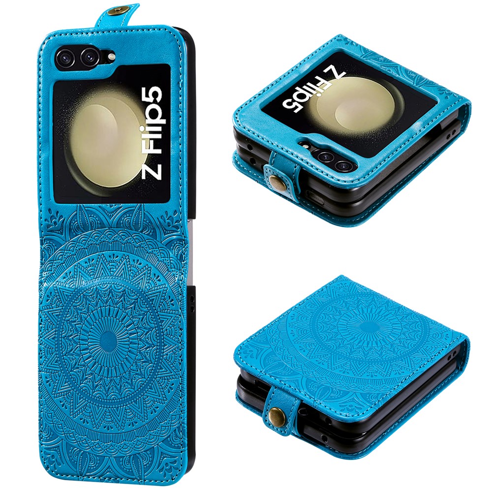 Til Samsung Galaxy Z Flip5 5G Pung-etui i PU-læder med kortholder, præget med mandala-blomst, foldbart cover