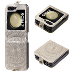 Til Samsung Galaxy Z Flip5 5G Pung-etui i PU-læder med kortholder, præget med mandala-blomst, foldbart cover