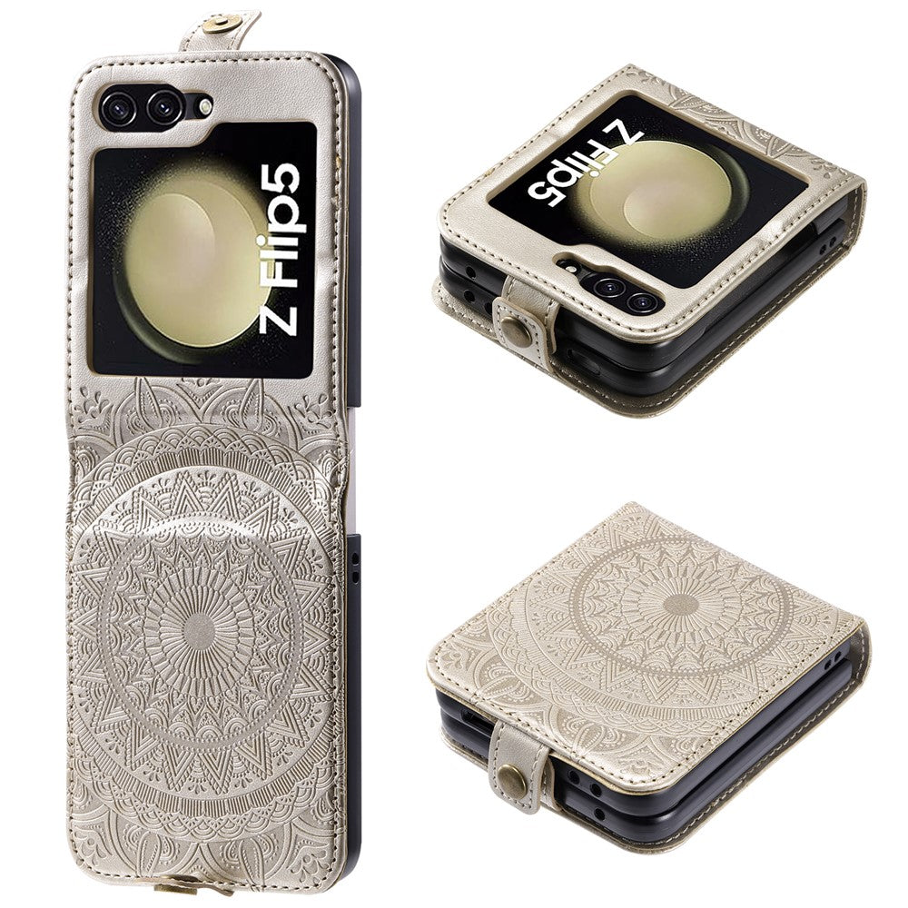 Til Samsung Galaxy Z Flip5 5G Pung-etui i PU-læder med kortholder, præget med mandala-blomst, foldbart cover