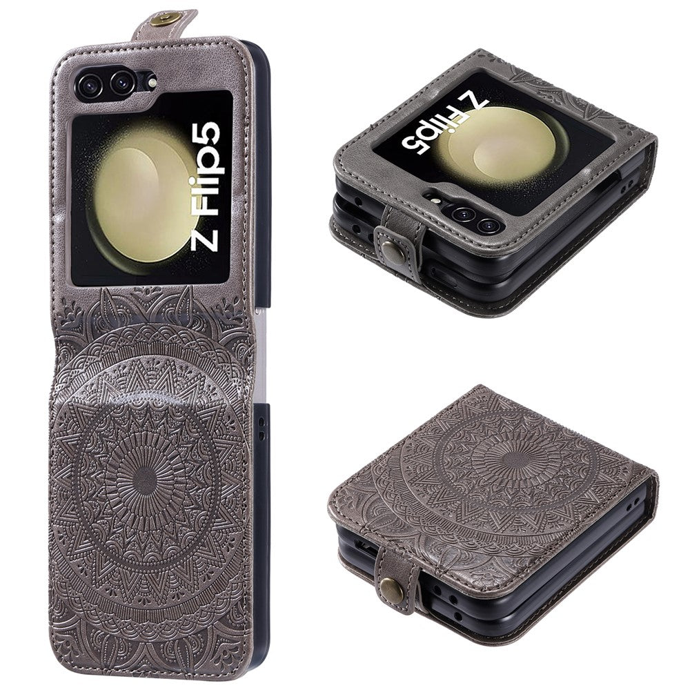 Til Samsung Galaxy Z Flip5 5G Pung-etui i PU-læder med kortholder, præget med mandala-blomst, foldbart cover
