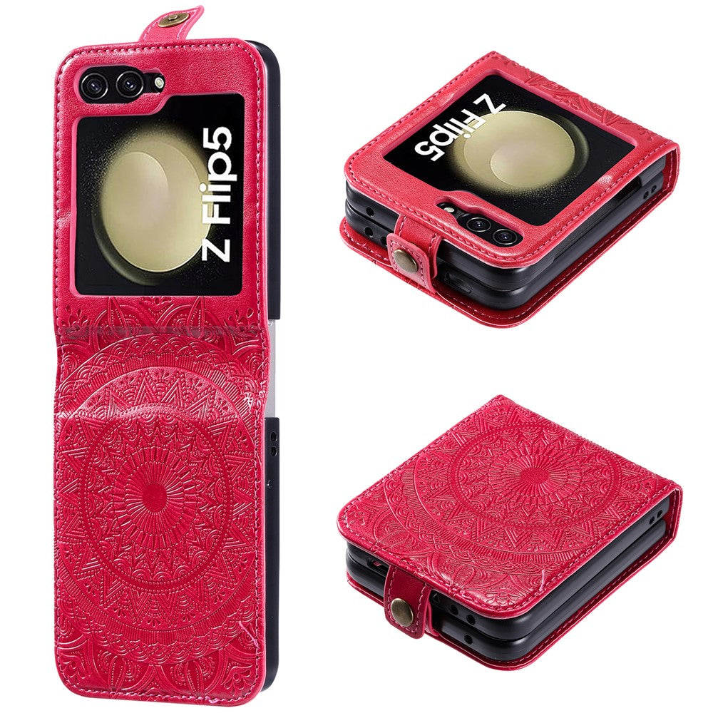 Til Samsung Galaxy Z Flip5 5G Pung-etui i PU-læder med kortholder, præget med mandala-blomst, foldbart cover