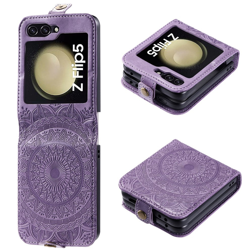 Til Samsung Galaxy Z Flip5 5G Pung-etui i PU-læder med kortholder, præget med mandala-blomst, foldbart cover