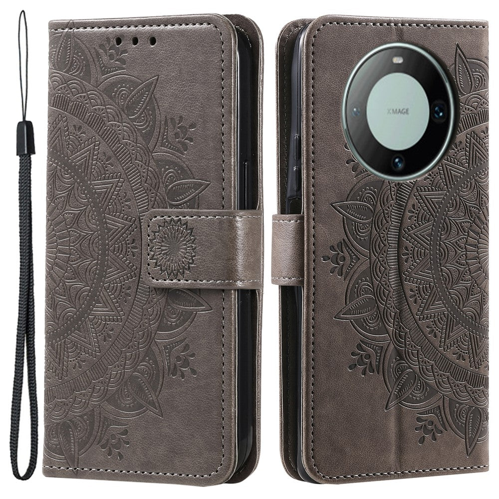 For Huawei Mate 60 Wallet PU Leather Phone Case Mandala Flower Imprinted Stand Cover with Strap