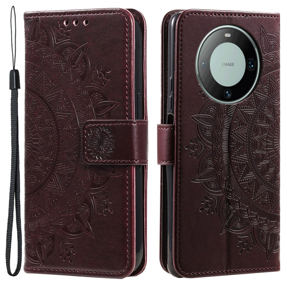 For Huawei Mate 60 Wallet PU Leather Phone Case Mandala Flower Imprinted Stand Cover with Strap