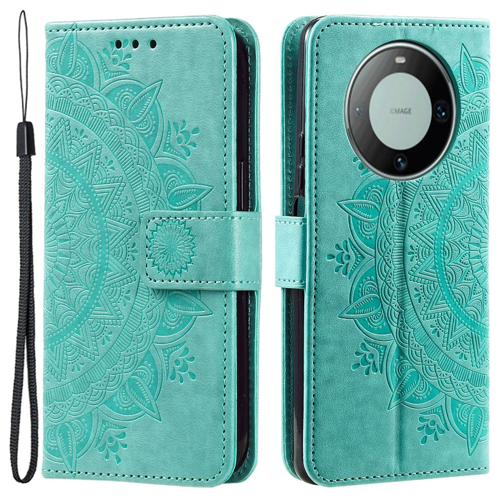 For Huawei Mate 60 Pro Stand Wallet Phone Case PU Leather Mandala Flower Imprinted Cover with Strap