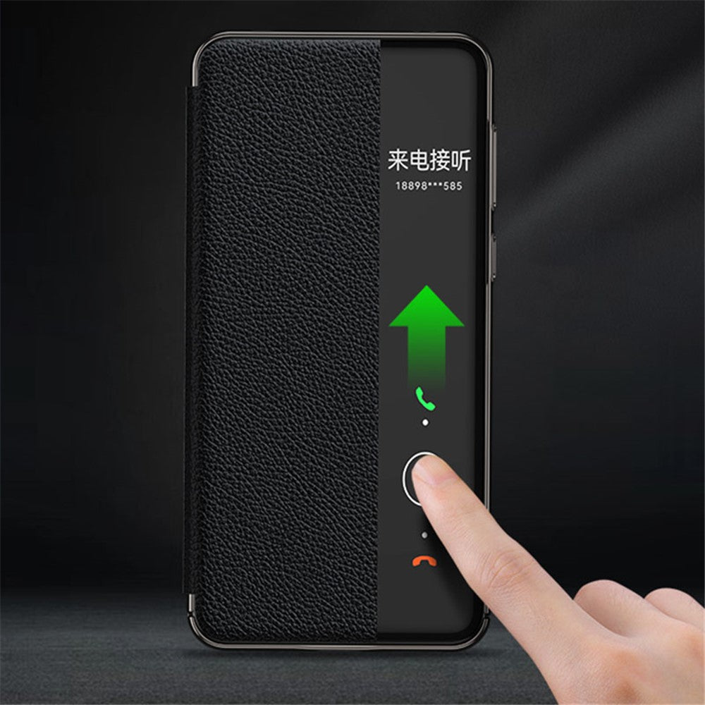 Genuine Cow Leather Phone Case for Huawei Mate 60 Pro View Window Anti-scratch Flip Cover