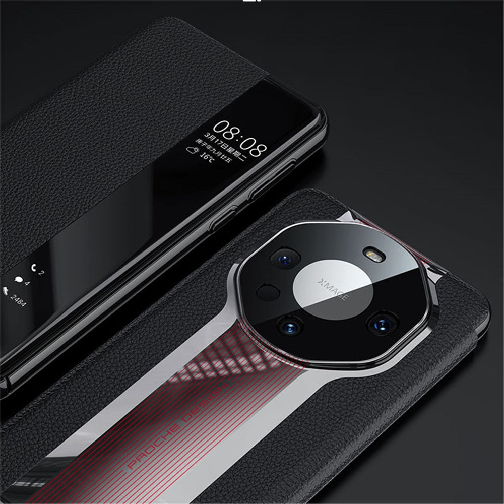 Genuine Cow Leather Phone Case for Huawei Mate 60 Pro View Window Anti-scratch Flip Cover