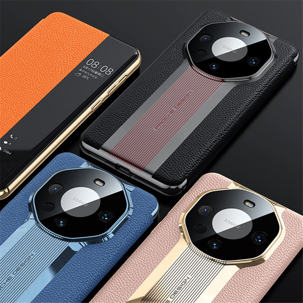 Genuine Cow Leather Phone Case for Huawei Mate 60 Pro View Window Anti-scratch Flip Cover