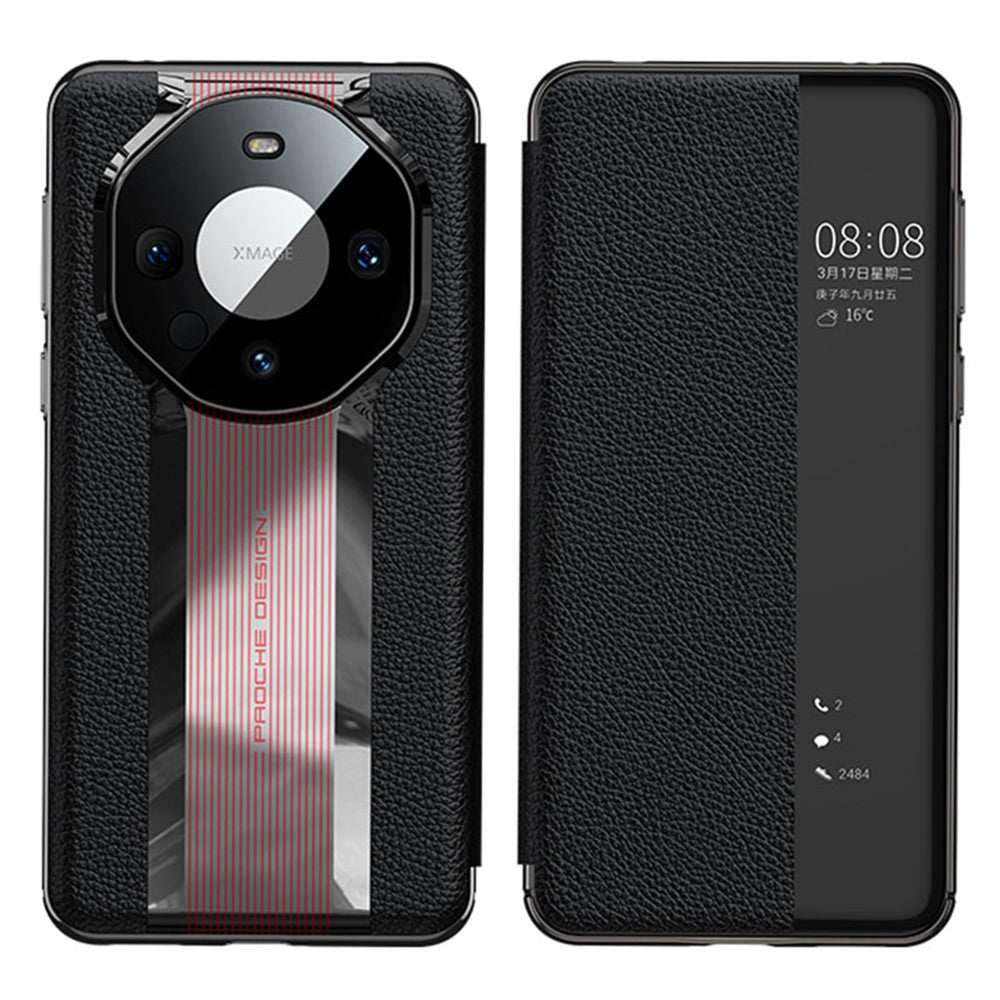 View Window Phone Flip-skal till Huawei Mate 60 i äkta nötskinn med automatisk väckning/sömnfunktion.