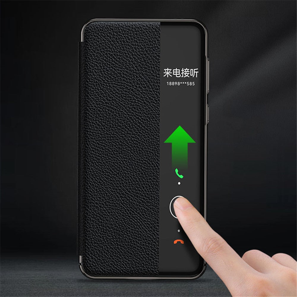 View Window Phone Flip-skal till Huawei Mate 60 i äkta nötskinn med automatisk väckning/sömnfunktion.