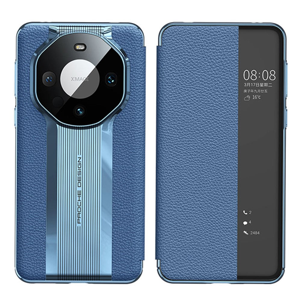 View Window Phone Flip-skal till Huawei Mate 60 i äkta nötskinn med automatisk väckning/sömnfunktion.