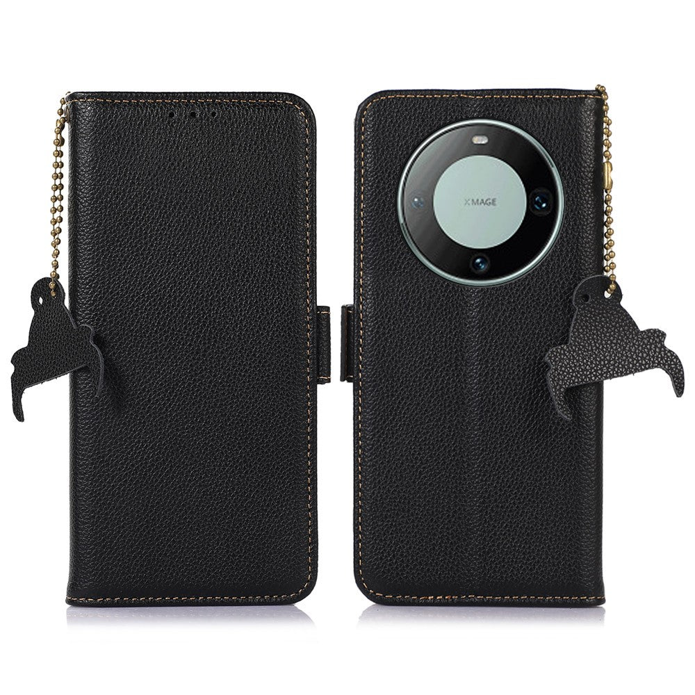 For Huawei Mate 60 Pro RFID Blocking Wallet Stand Shell Genuine Cow Leather Anti-drop Phone Case
