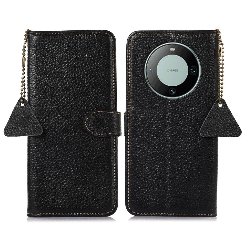 Genuine Cow Leather Case for Huawei Mate 60 RFID Blocking Wallet Litchi Texture Phone Cover