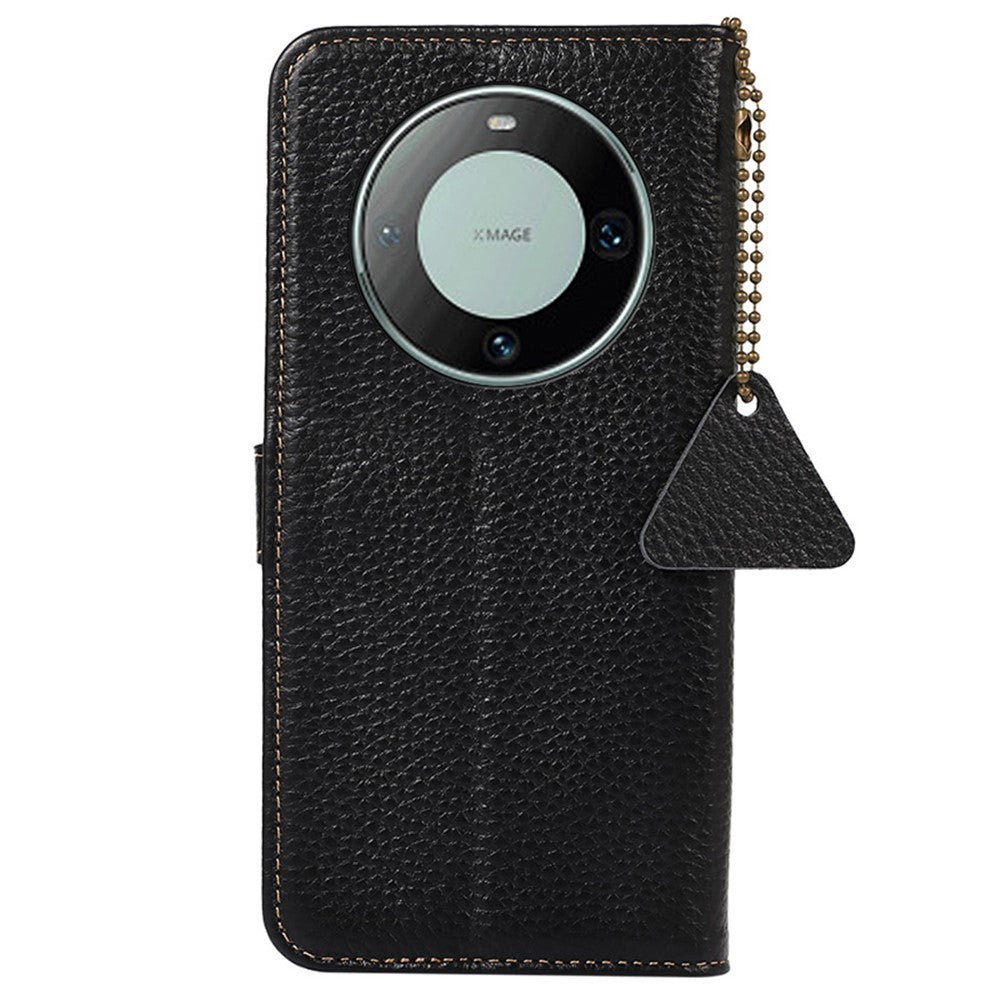 Genuine Cow Leather Case for Huawei Mate 60 RFID Blocking Wallet Litchi Texture Phone Cover