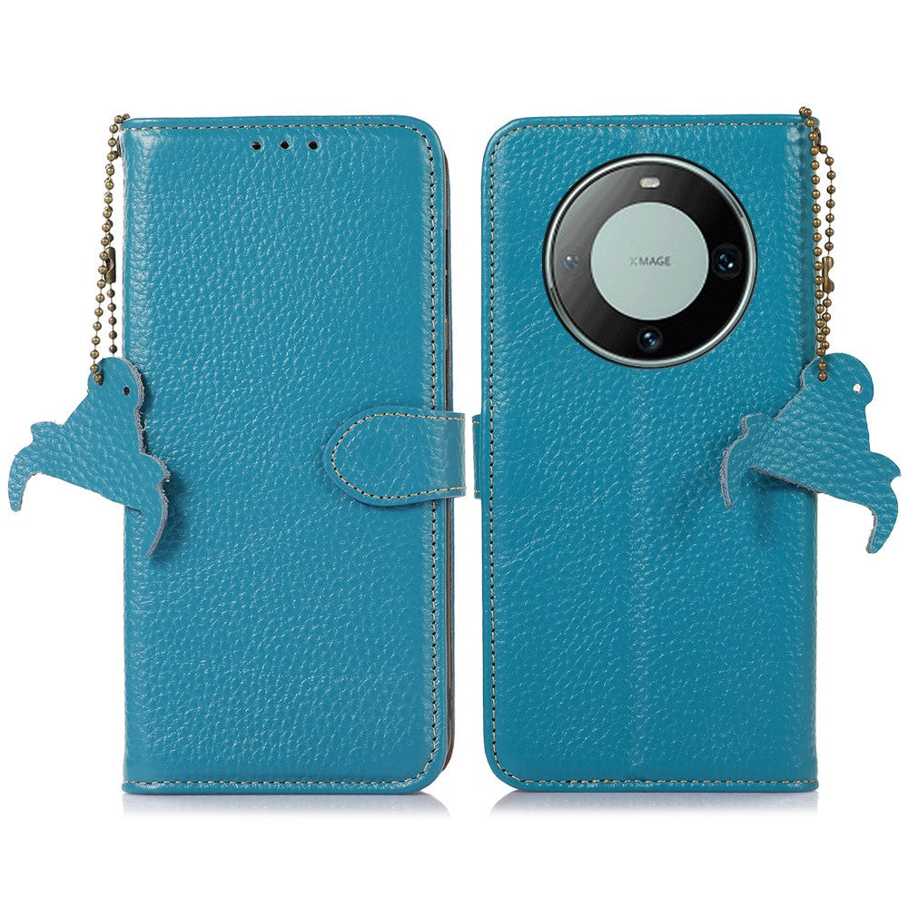 Genuine Cow Leather Case for Huawei Mate 60 RFID Blocking Wallet Litchi Texture Phone Cover