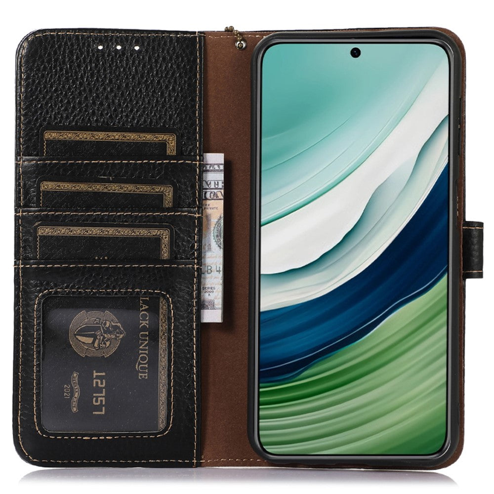 Huawei Mate 60 Pro RFID-blockerande plånboksfodral i litchitextur i äkta nötläder