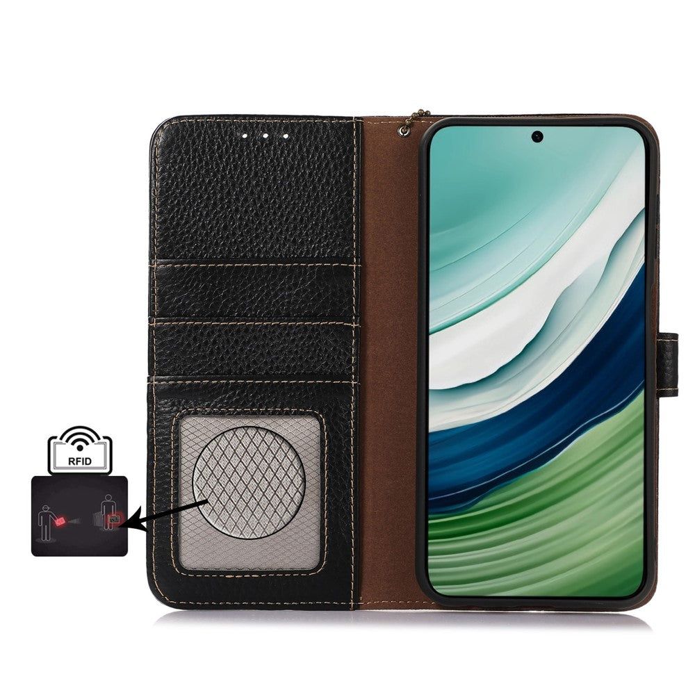 Huawei Mate 60 Pro RFID-blockerande plånboksfodral i litchitextur i äkta nötläder