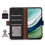 For Huawei Mate 60 RFID Blocking Genuine Cow Leather Case Silky Feeling Phone Stand Wallet Cover