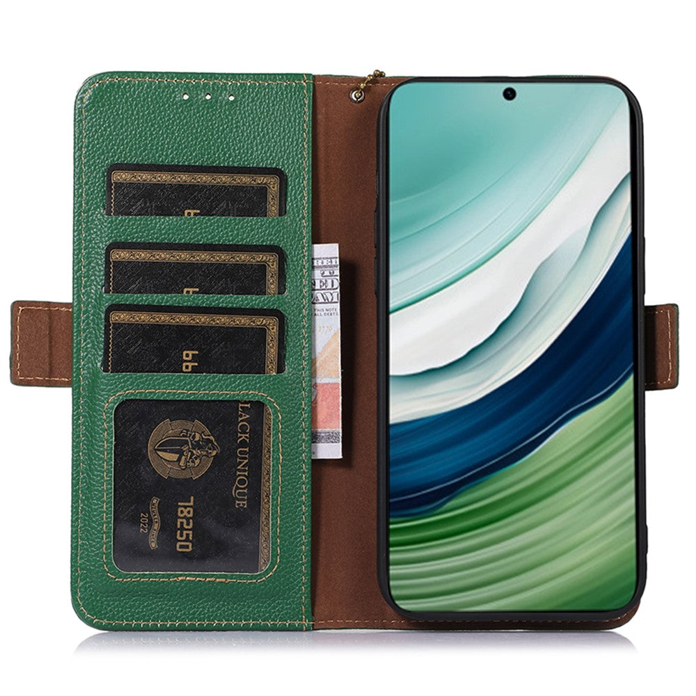 RFID Blocking Shell for Huawei Mate 60 , Litchi Texture Genuine Cow Leather Phone Case Wallet Stand Flip Cover