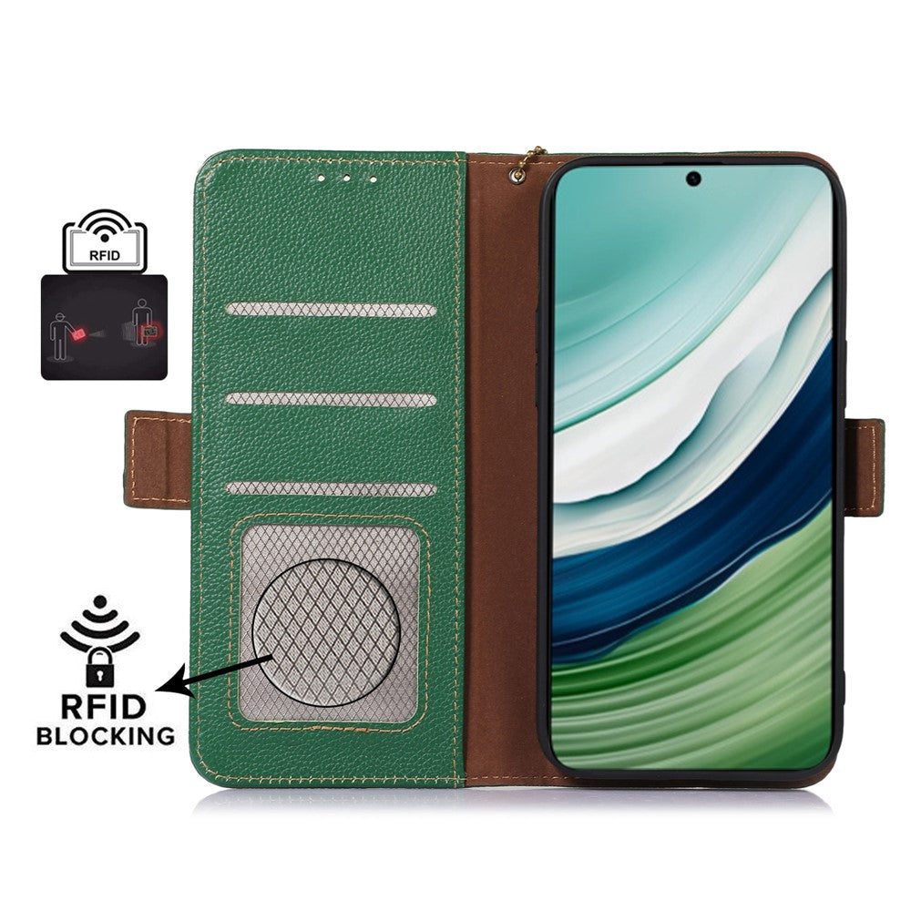RFID Blocking Shell for Huawei Mate 60 , Litchi Texture Genuine Cow Leather Phone Case Wallet Stand Flip Cover