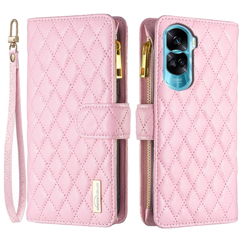 BINFEN COLOR BF Style-15 För Honor 90 Lite 5G / X50i 5G Flip Skal Blixtlåsficka Lädermobilsfodral Plånboksfodral Stativfodral